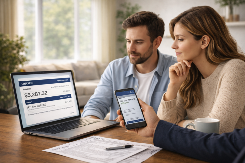 A couple reviews their finances at home. A laptop shows a checking account balance of $5,287.32. A hand holds a phone displaying an IRS tax refund.