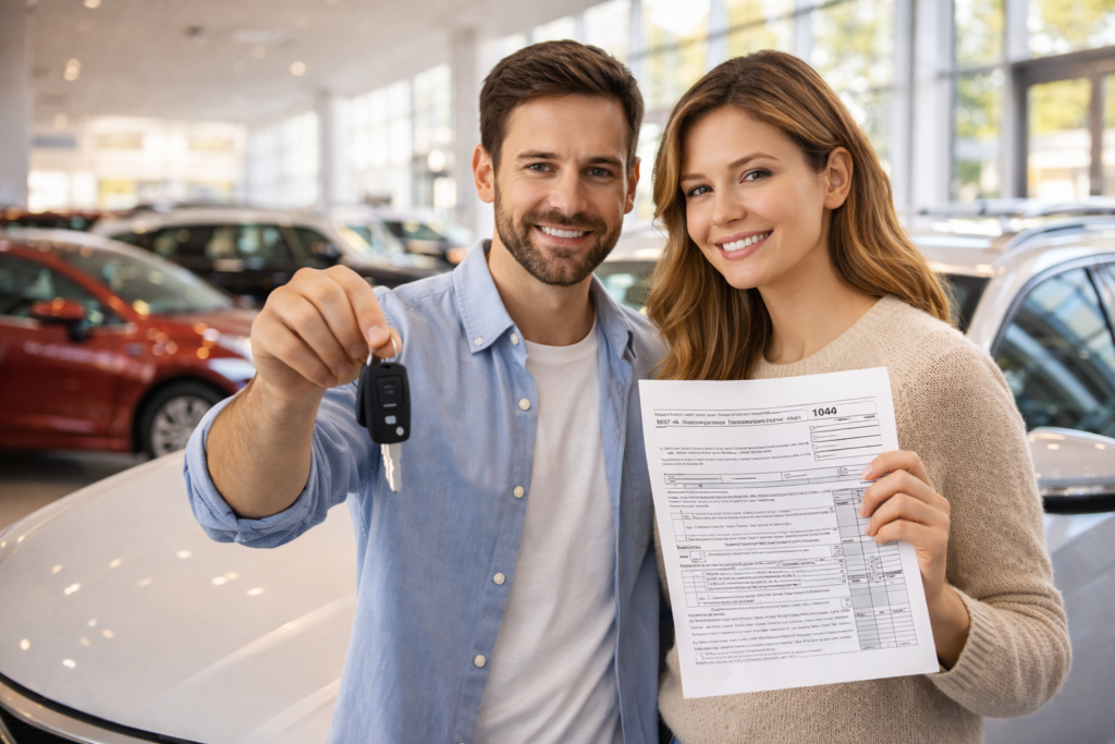 A smiling couple in a car showroom holds car keys and a Form 1040, indicating a car purchase. The bright setting conveys excitement and achievement.